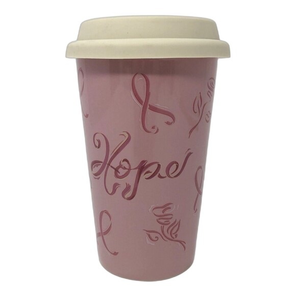 VTG Longaberger Pottery Horizon of Hope Travel Mug w/Lid VTG Pink Ribbon Cup BCA - Picture 1 of 10